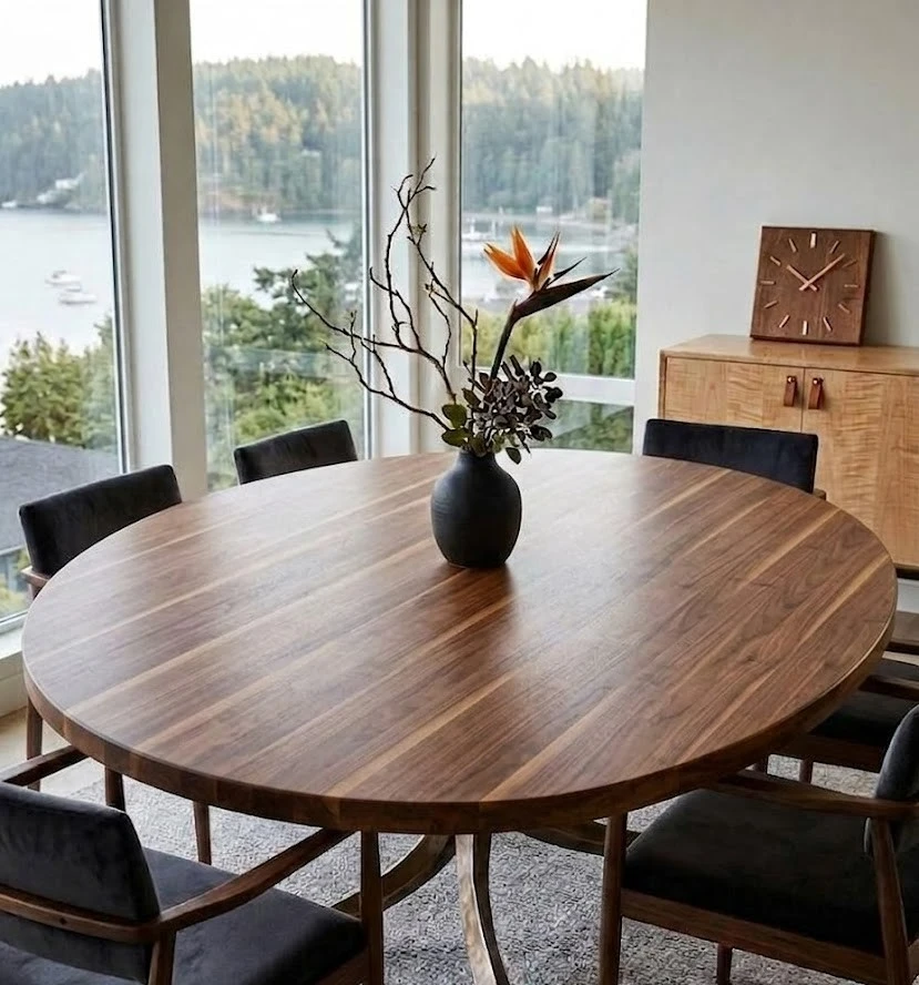 Custom round walnut dining table with black chairs and waterfront views